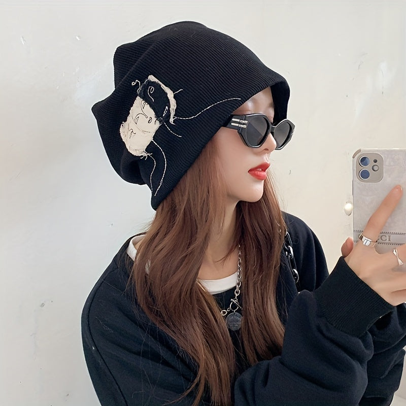 Face Graphic Patch Beanie Solid Elastic Knit Hat Hip Hop Lightweight Skull Hat