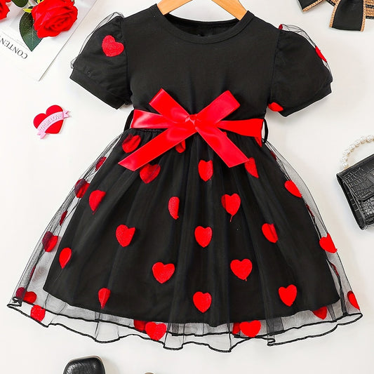 Toddler Girls Heart Graphic Belted Tulle Princess Dress For Party