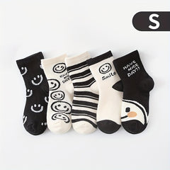 5 Pairs Unisex Kid's Solid Letter Crew Socks Soft Breathable Casual Socks