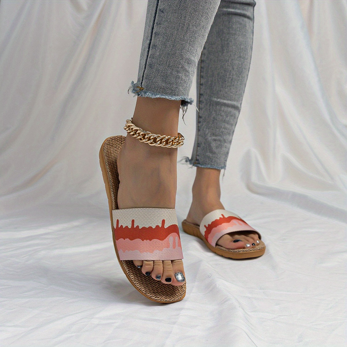 Women's Linen Flat Slides Casual Open Toe Non Slip Indoor Shoes