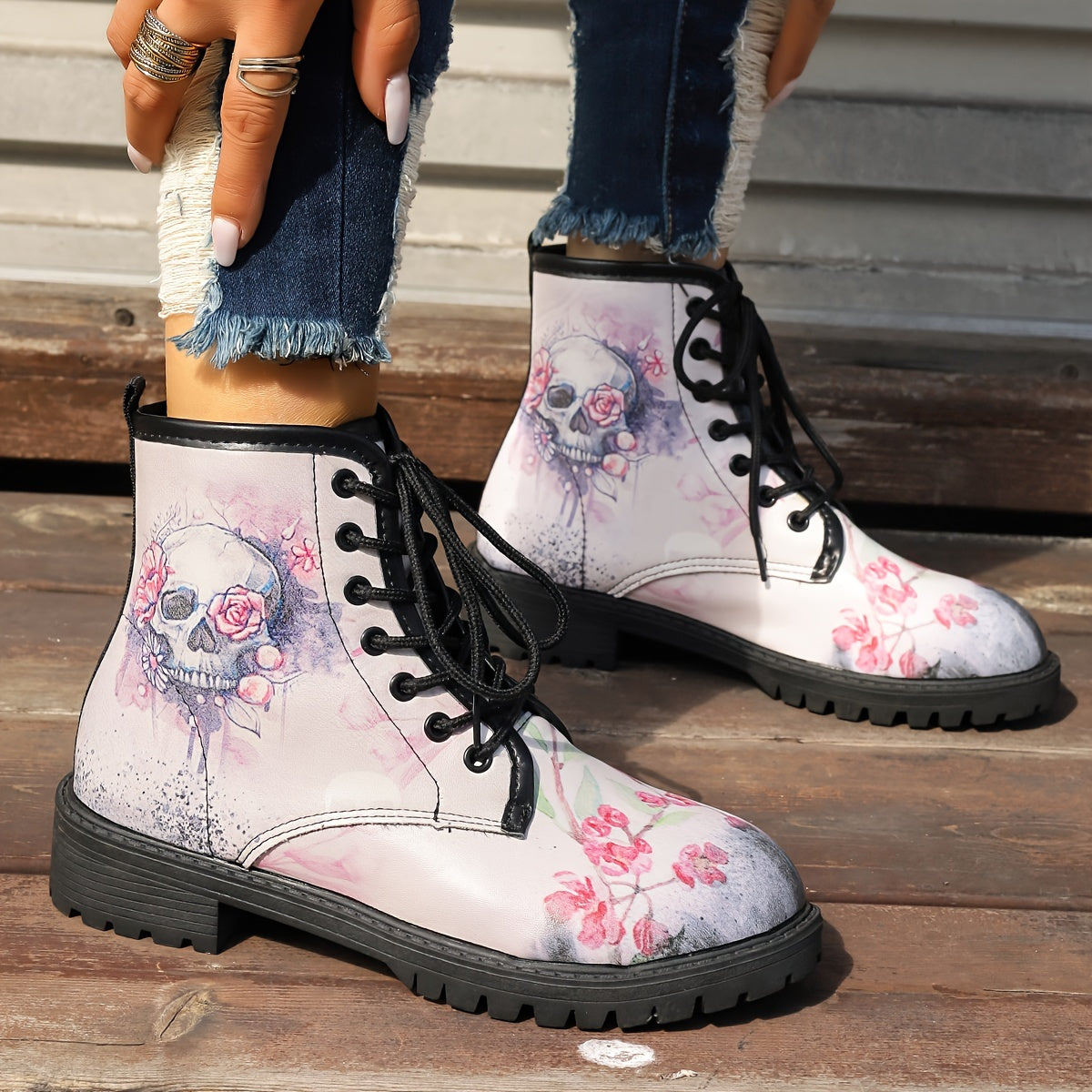 Skull & Rose Print Equestrian Boots Comfortable Medium Top Outdoor Boots