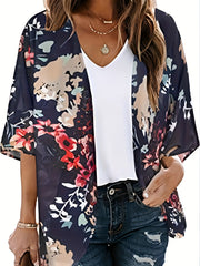 Floral Print Cover Up Shirt V Neck Loose Fit Half Sleeves Casual Kimono