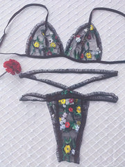 Floral Embroidery Lingerie Set Ruffle Mesh Bra & Cut Out Panties
