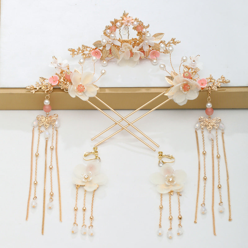 Chinese Pearl Hairpin Earring Tiara Set Women Hair Accessory