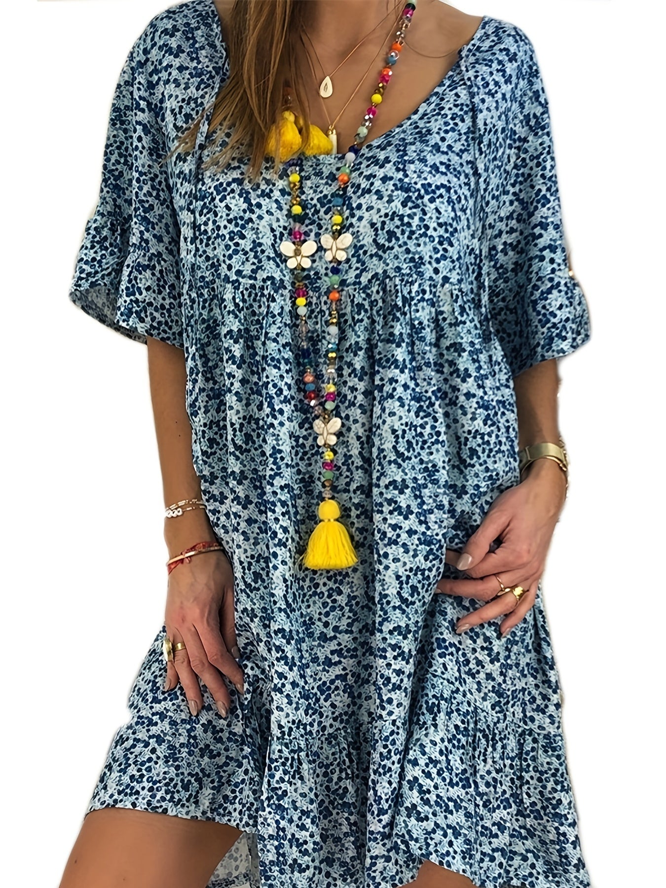 Plus Size Casual Dress Women's Print Bell Sleeve Smock Dress