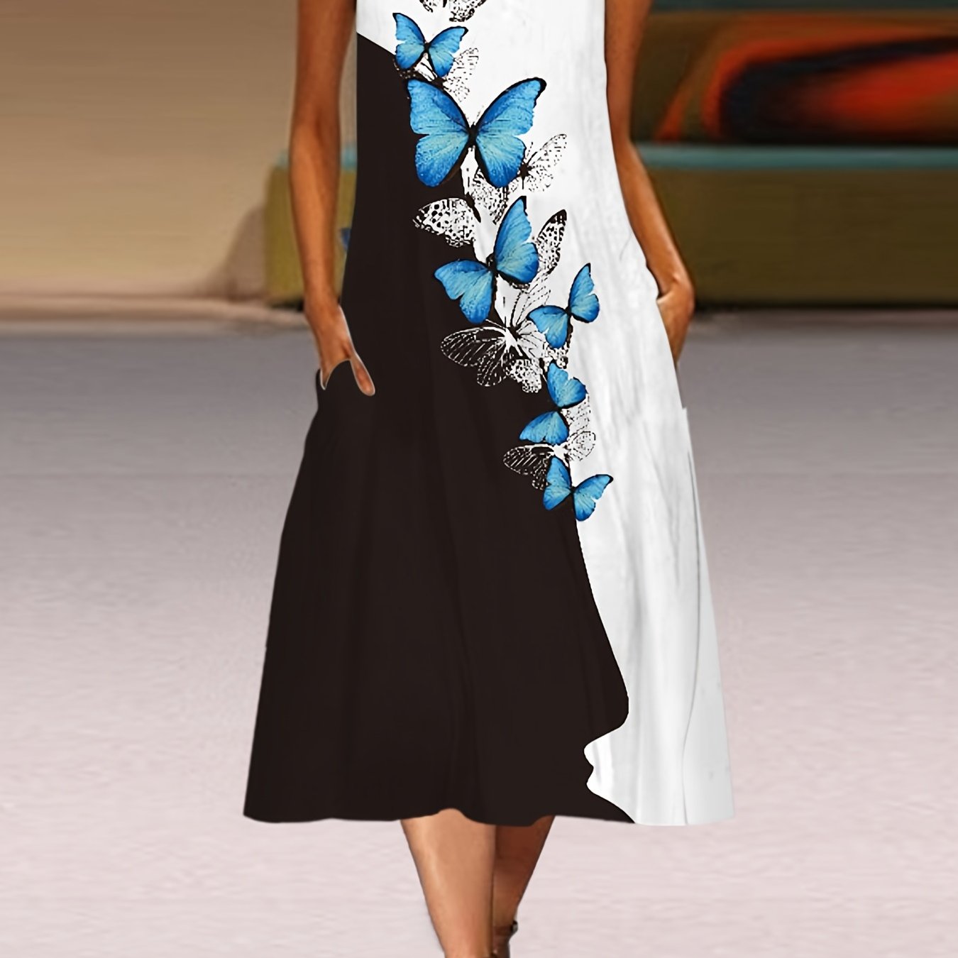 Colorblock Butterfly Print Tank Dress With Pockets