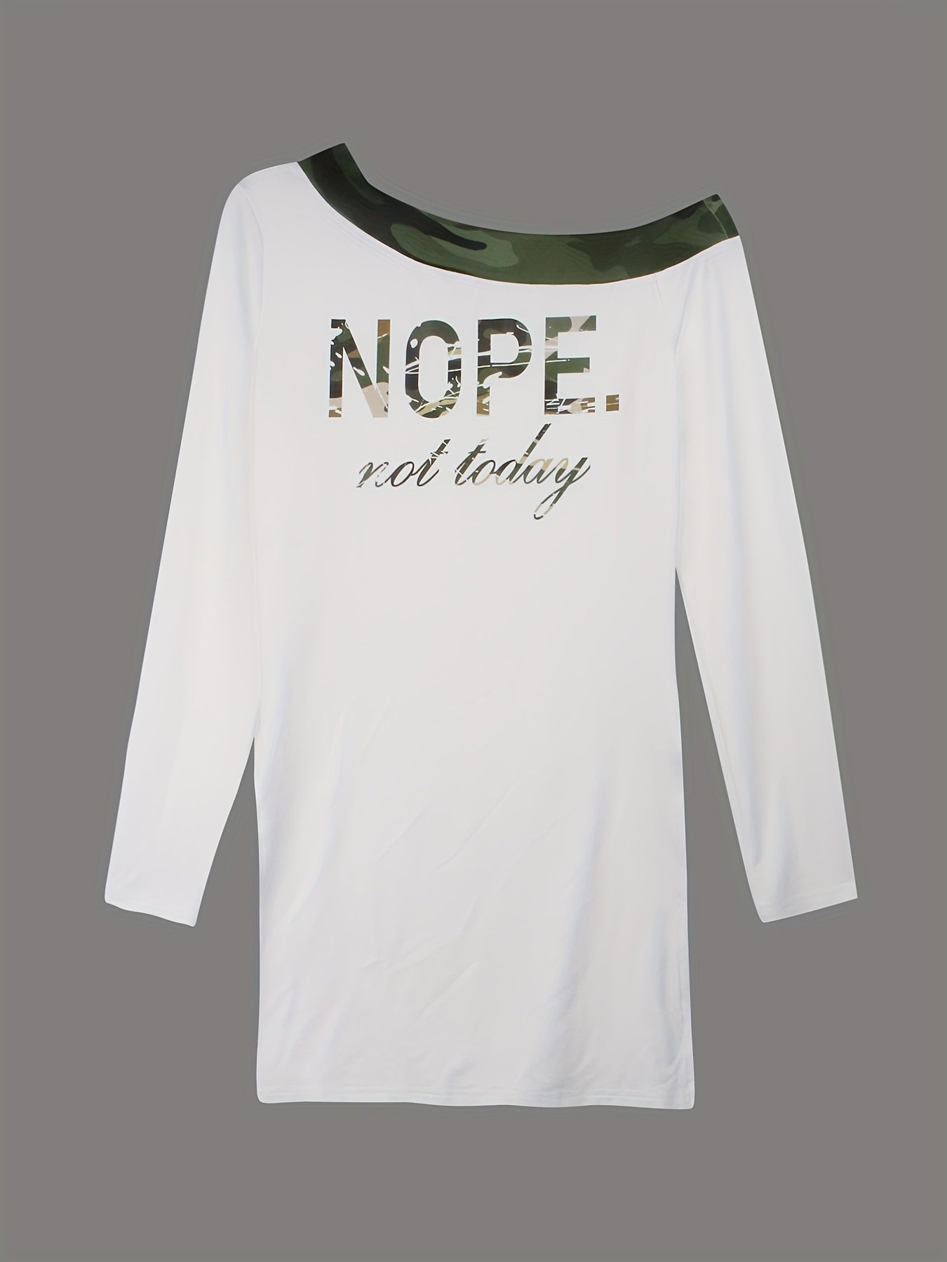 Letter Print Slanted Shoulder Split Tops & Camo Print Long Pants Set