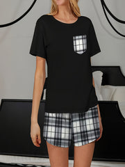 Plaid Print Lounge Set Crew Neck Top & Shorts Women's Loungewear