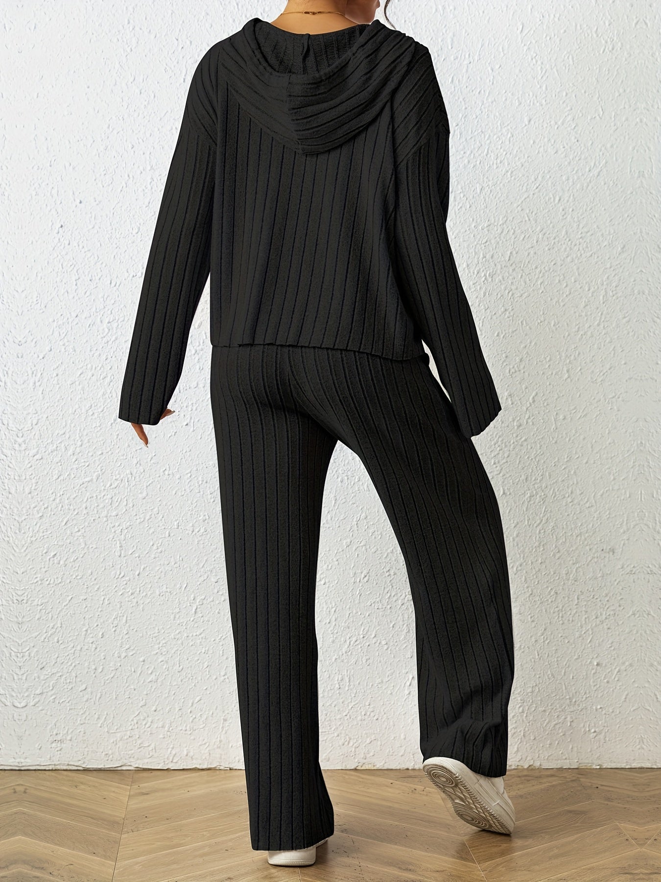 Solid Knit 2pc Set Long Sleeve Hoodie & Wide Leg Pants