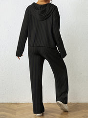 Solid Knit 2pc Set Long Sleeve Hoodie & Wide Leg Pants