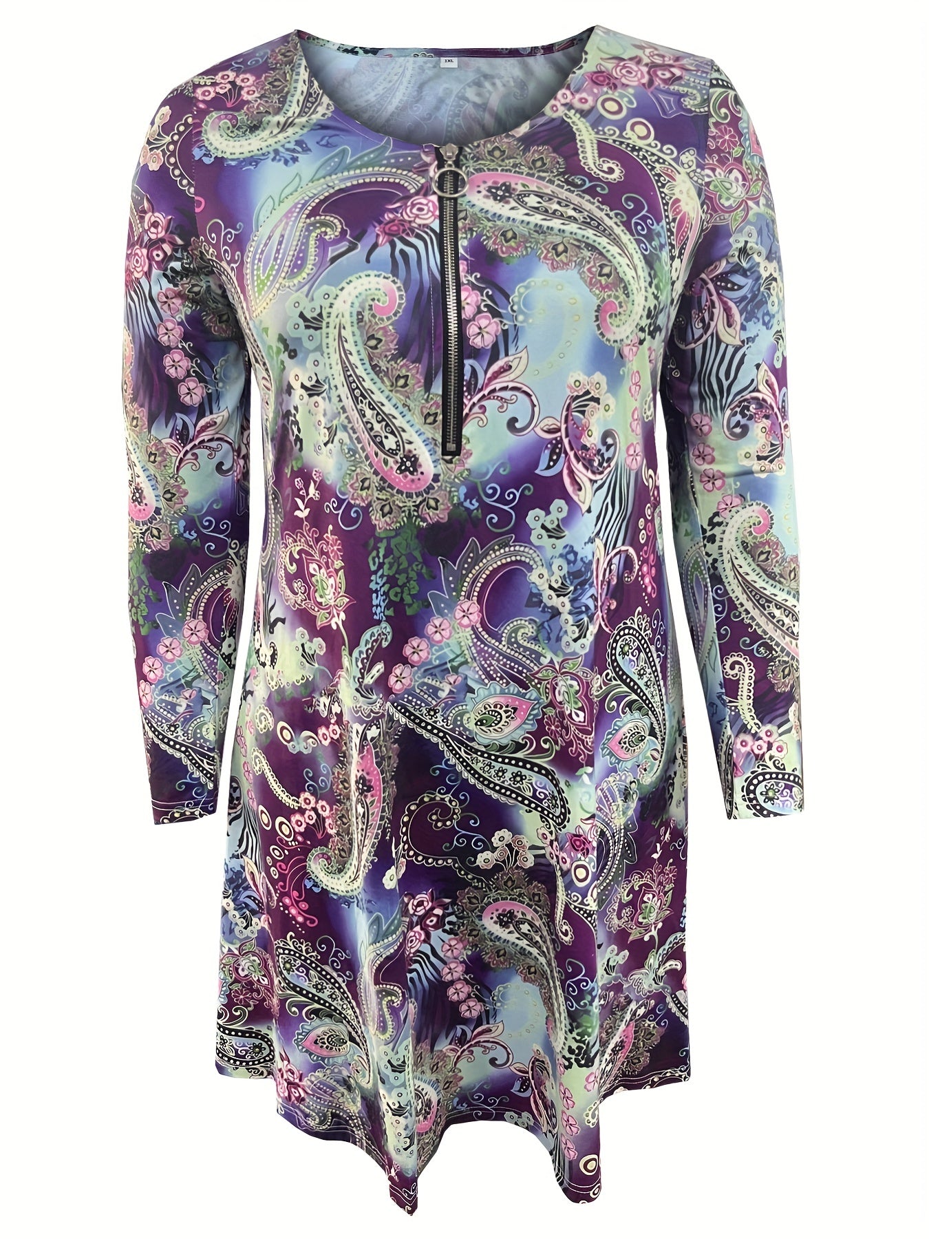 Paisley Print Long Sleeve Half Zipper Boho Dress