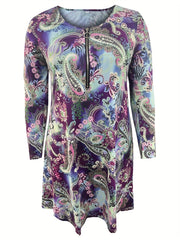 Paisley Print Long Sleeve Half Zipper Boho Dress