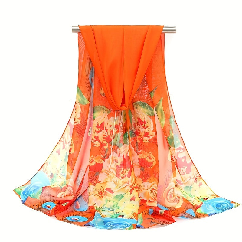 Phoenix Tail Print Chiffon Scarf Vintage Silk Thin Shawl Hijab
