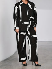 Women's Plus Brush Print Shirt & Loose Pants Outfit Set