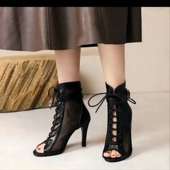 Ankle High Heeled Sandal Boots Mesh Panel Lace-up Fashionable Women's Footwear