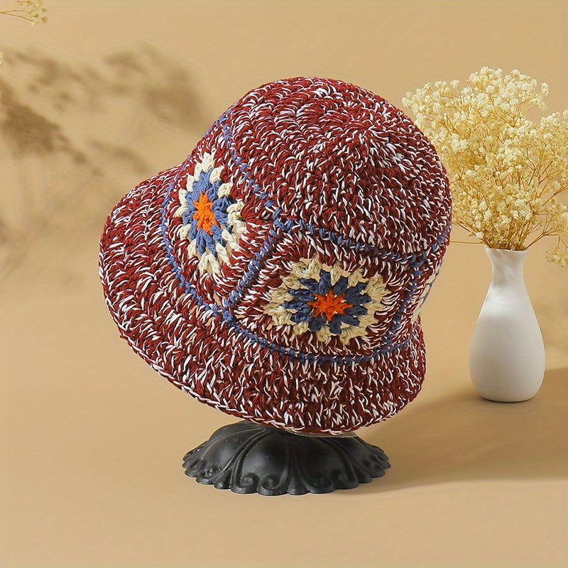 Boho Floral Crochet Bucket Hats Vintage Beanie For Women