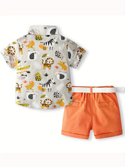 Boys Casual Outfit Animals Graphic Print Shirt&Shorts Set