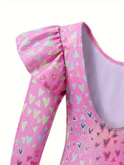 Girls Heart Graphic Flutter Trim Long Sleeve Gymnastics Leotard