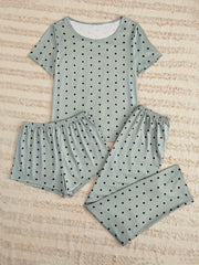 Polka Dot Print Pajamas Set Short Sleeve Crew Neck Top & Shorts & Pants