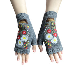 Hand Knit Fingerless Embroidery Floral Winter Woolen Gloves