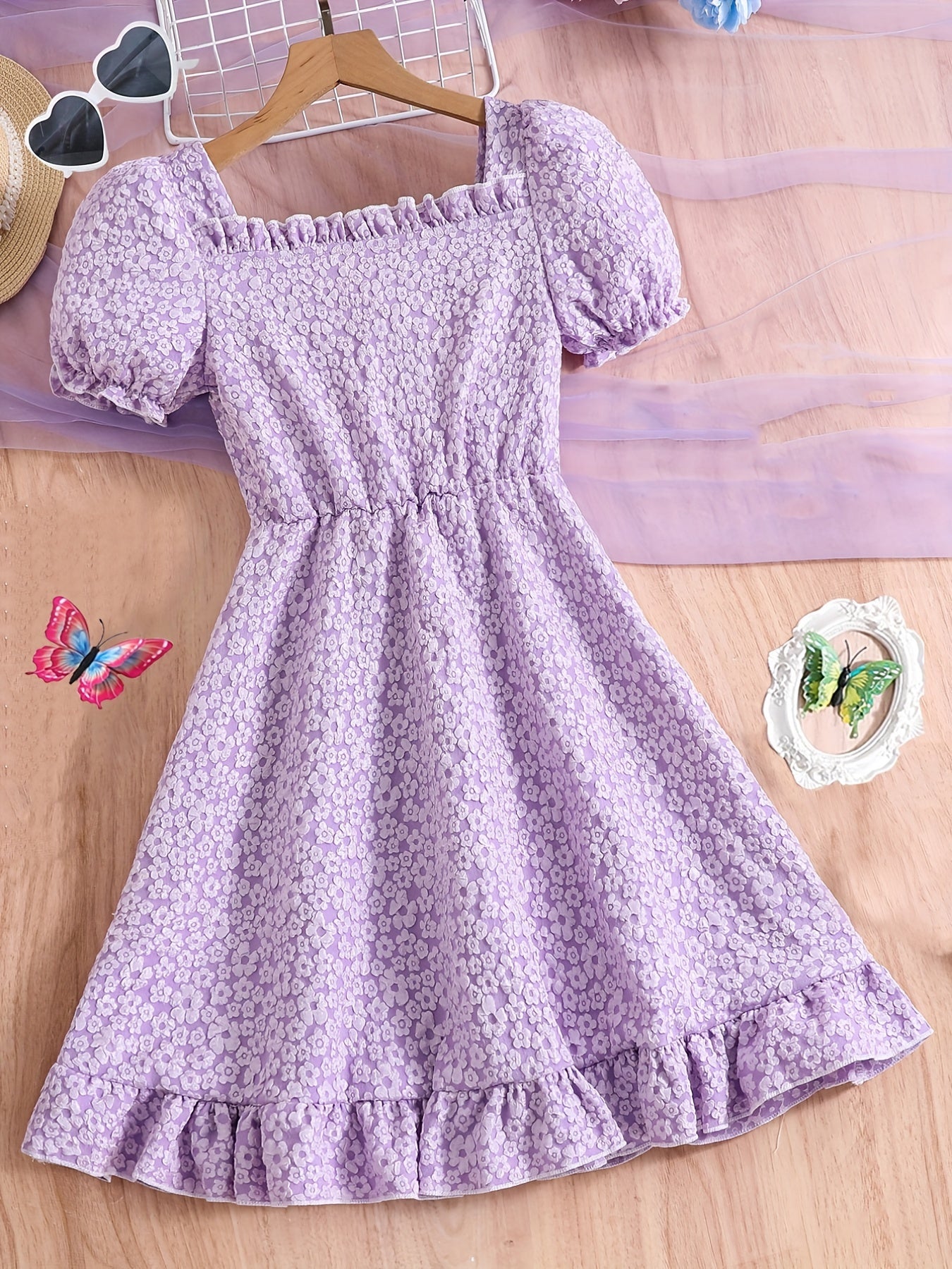 Girls' Floral Square Neck Pleated Tunic Dress Casual Party Holiday
