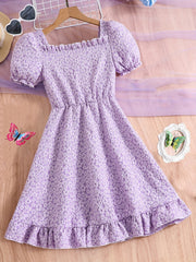 Girls' Floral Square Neck Pleated Tunic Dress Casual Party Holiday