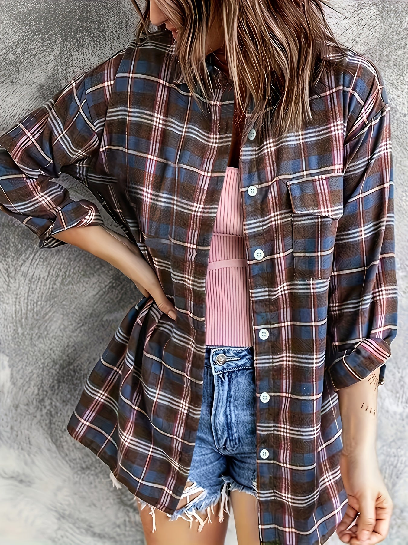 Plaid Print Button Up Long Sleeve Turn Down Collar Shacket
