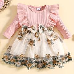 Floral Patchwork Bowknot Ruffle Sleeve Dress for Baby