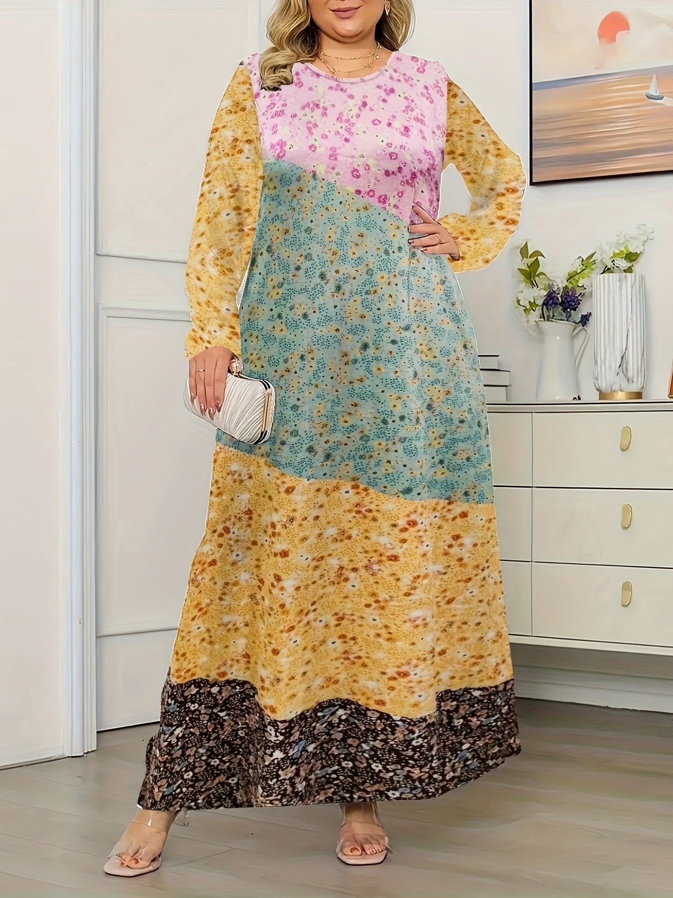Colorblock Floral Print Maxi Dress