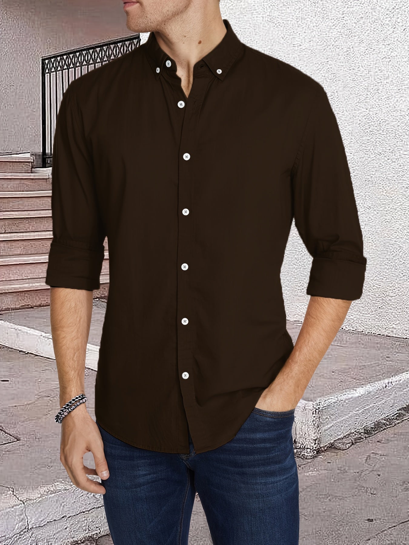 Men's Slim Solid Long-sleeve Shirt With Button Up