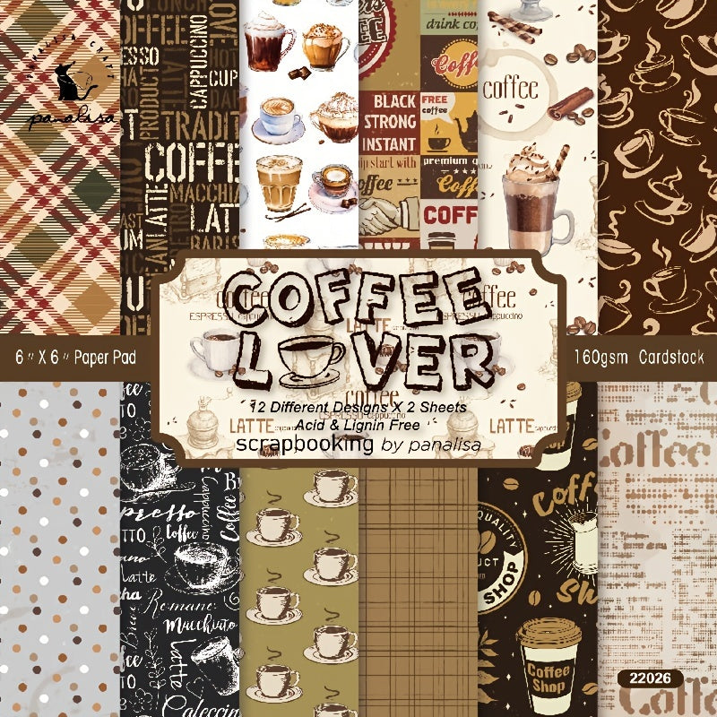 Coffee Themed DIY Scrapbook Stickers & Backgrounds Kit - 24 Sheets