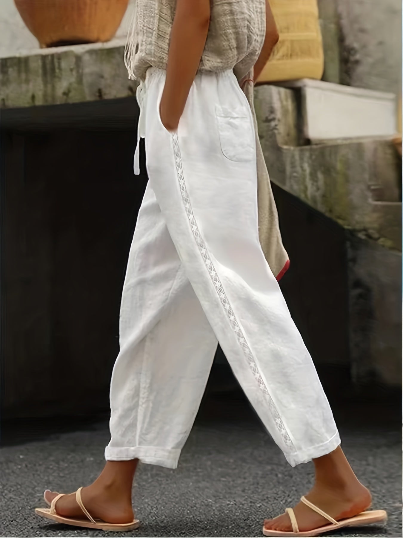Contrast Lace Straight Leg Pants Casual Pocket Drawstring Pants