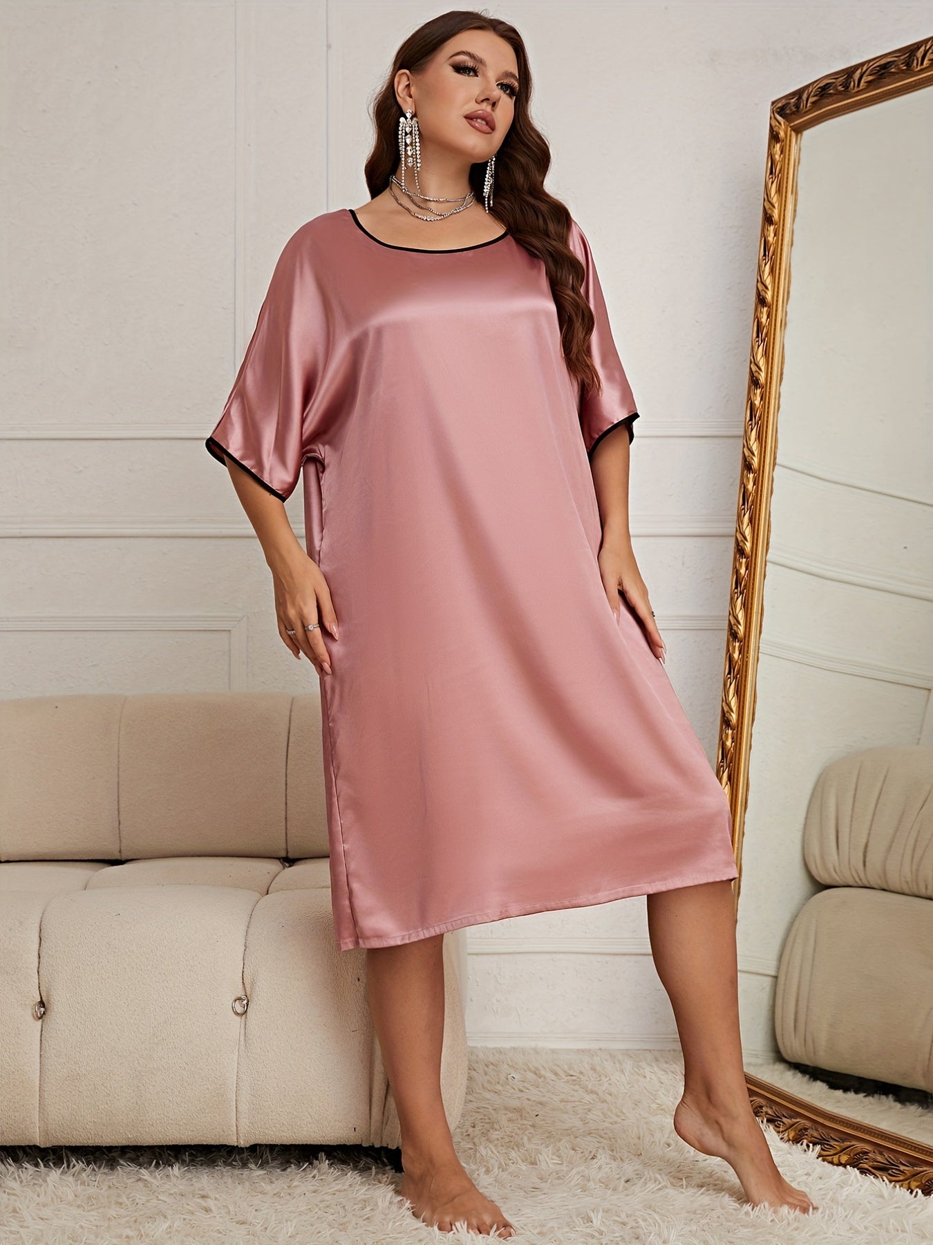 Nightdress Women's Plus Half Sleeve V Neck Slight Stretch Sleep Dress