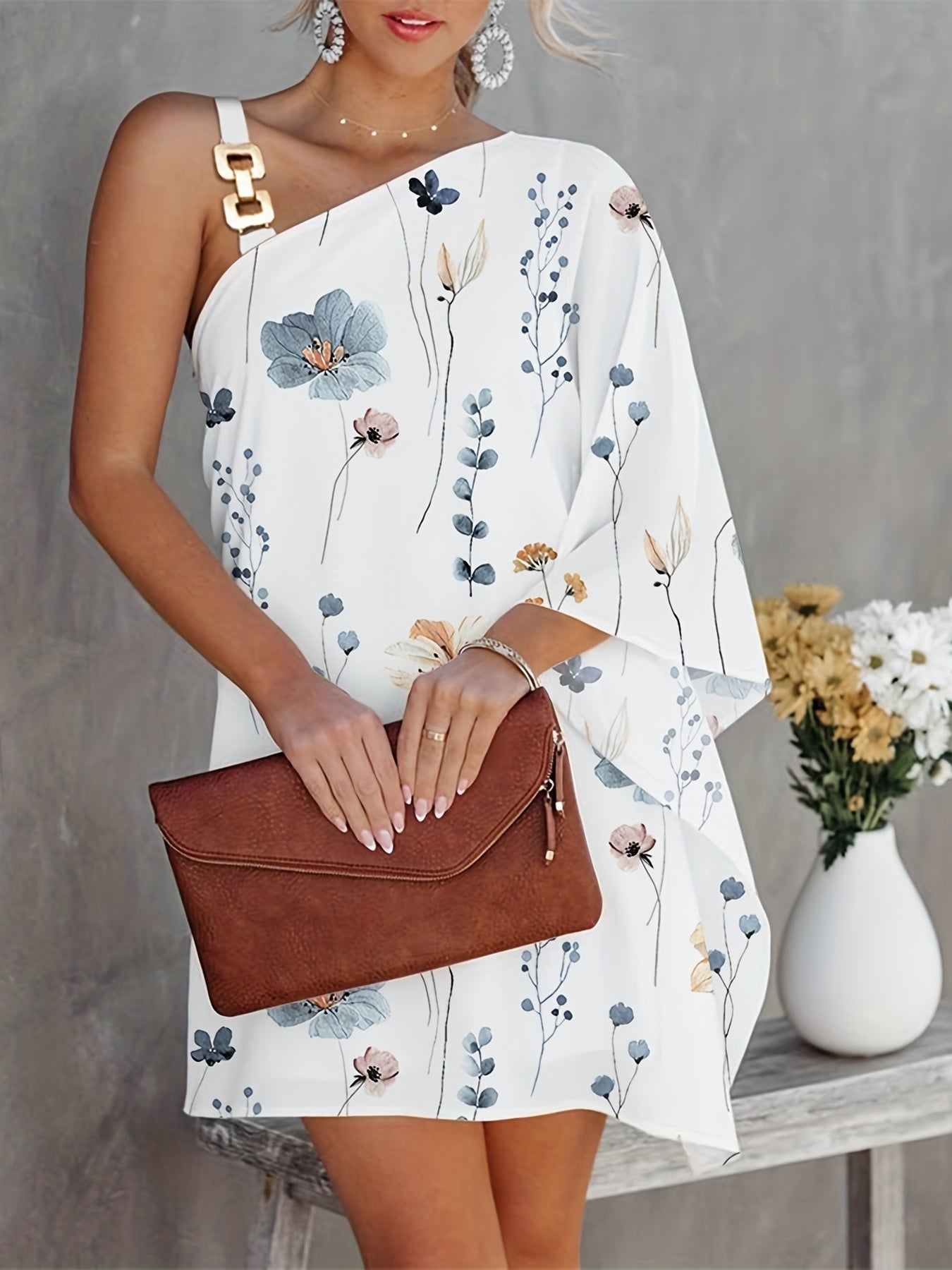 Colorblock One Shoulder Bat Sleeve Dress