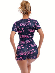 Letter Print Lounge Romper Crew Neck Short Sleeve Romper