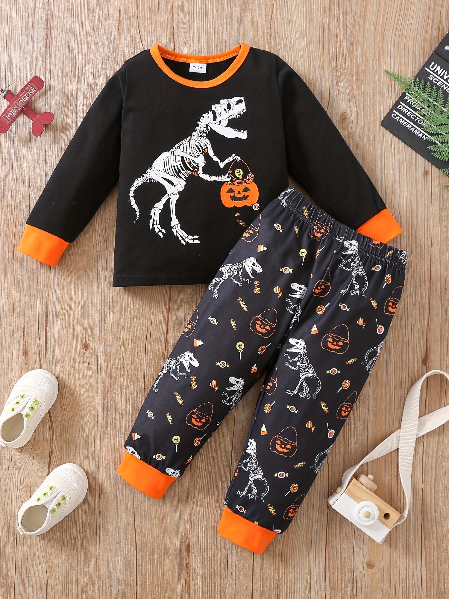 Halloween Print Toddler Kid's Pajamas - Pumpkin Pattern Loungewear Set
