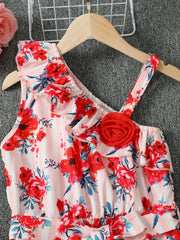 Girls Ruffle Trim Stripe Flowers Romper Jumpsuit For Beach Kids Summer Clothes