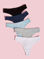 5pcs Solid Ribbed Thongs Comfy Stretchy Intimates Panties Women's Lingerie