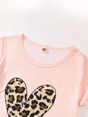 Girls Leopard Heart Graphic Tee & Shorts Loungewear Set