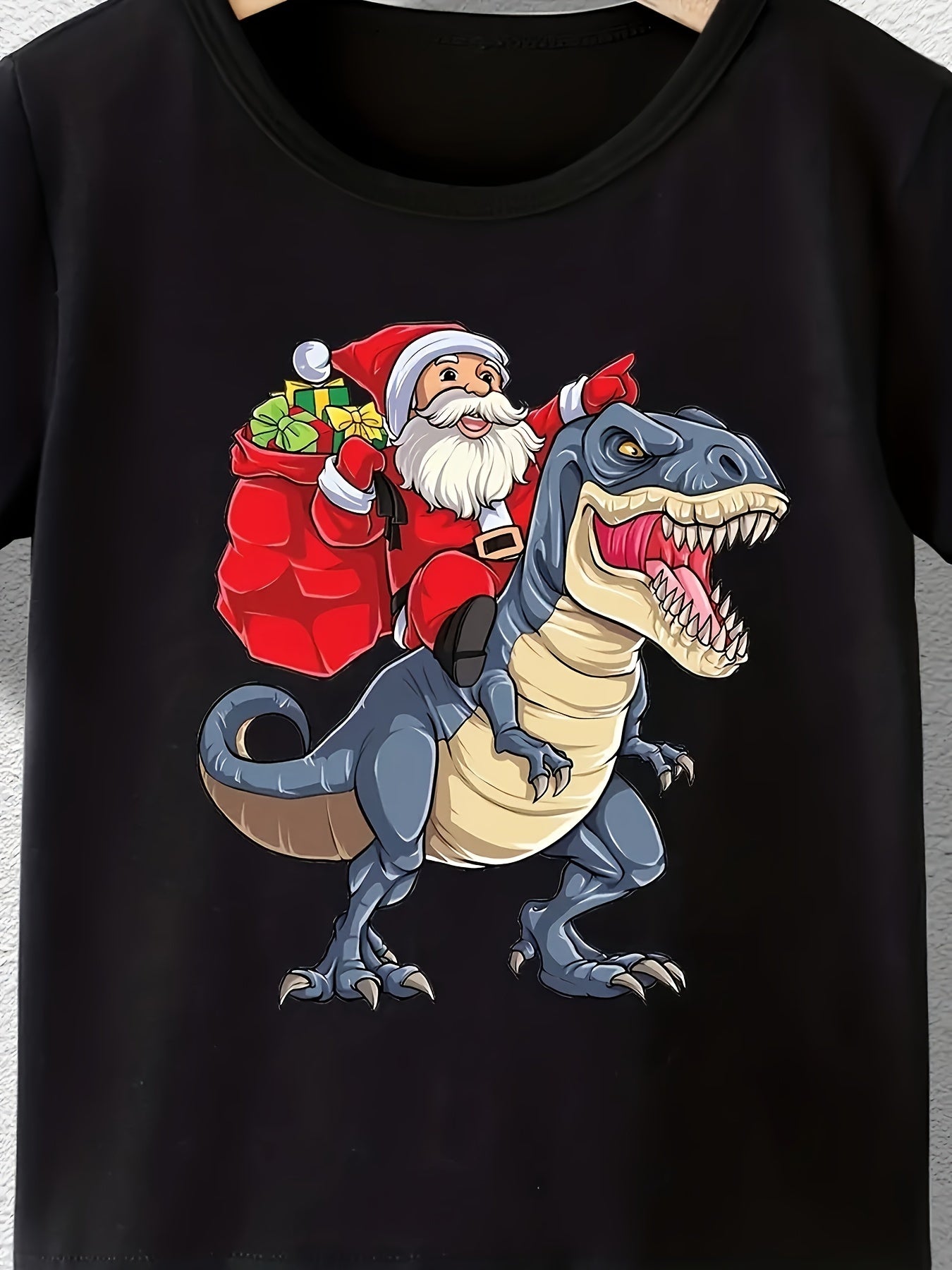 Santa & Dino Graphic Short Sleeve T shirt Girls Comfy Tees For Summer