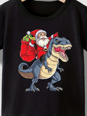 Santa & Dino Graphic Short Sleeve T shirt Girls Comfy Tees For Summer