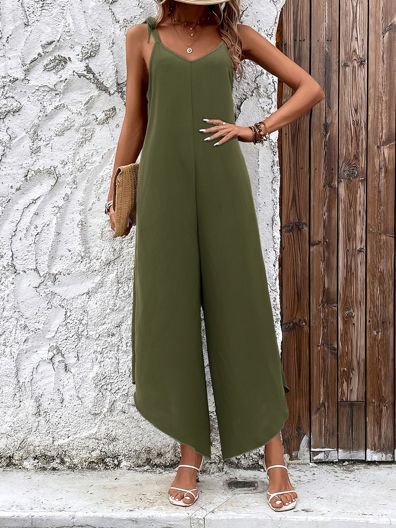 Boho Solid Spaghetti Jumpsuit Casual Pleated Sleeveless Long Length