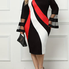 Stripe Print Contrast Mesh Bell Sleeve Bodycon Midi Dress