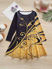 Girls 3D Flower Graphic Long Sleeve Dress Spring Fall Party Gift