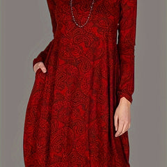Boho Dress Paisley Print Long Sleeve Round Neck With Pockets