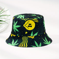 Smiling Face Leaf Print Bucket Hat Lightweight Fisherman Cap