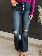 Ombre Ripped Button Up High Rise Flared Jeans
