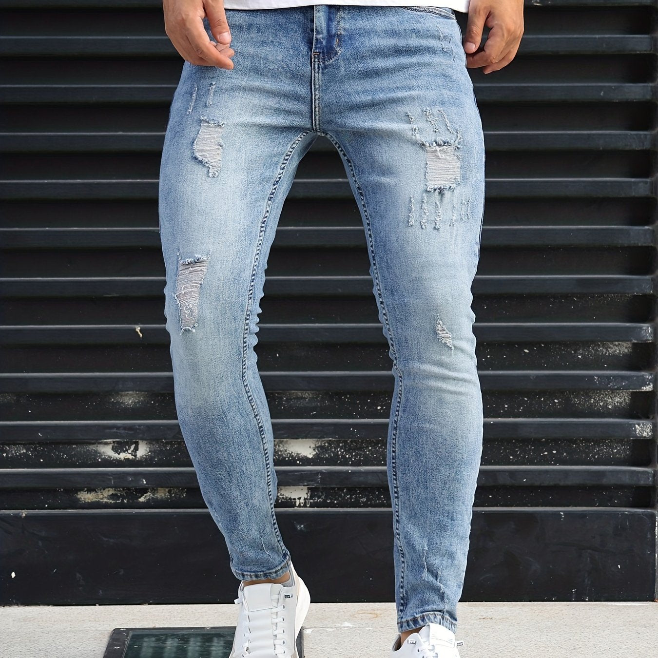 Slim Fit Ripped Jeans Mens Distressed Stretch Denim