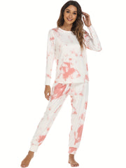 Tie Dye Print Lounge Set Long Sleeve Crew Neck Top & Elastic Waistband Pants