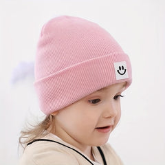 Winter Knit Hat with Smiley Face Pattern & Hood for Kids